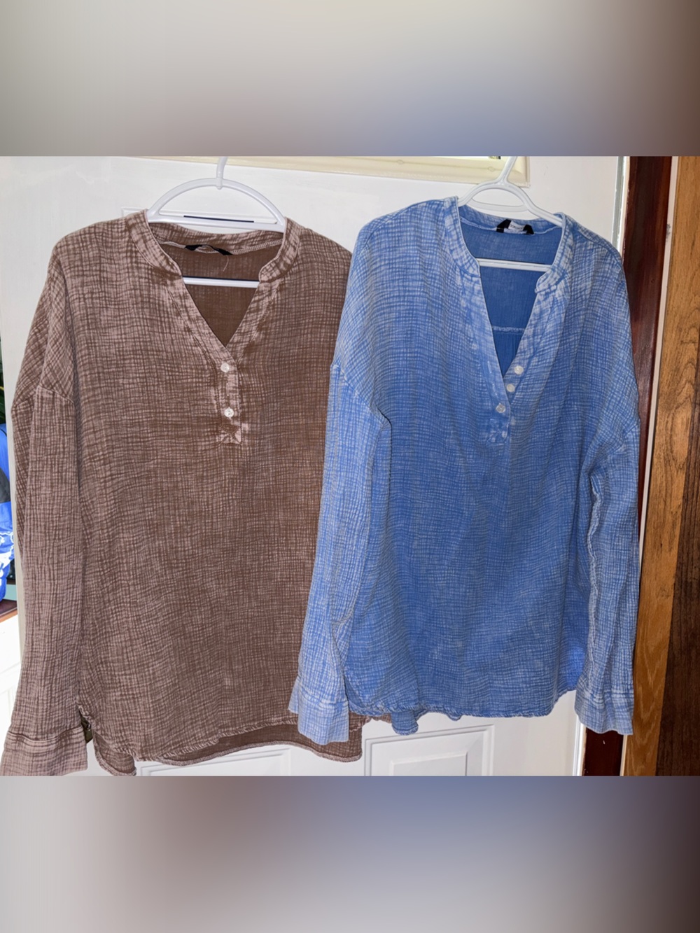 Bundle- Lightweight Textured Button Henley Top - Brown and Blue